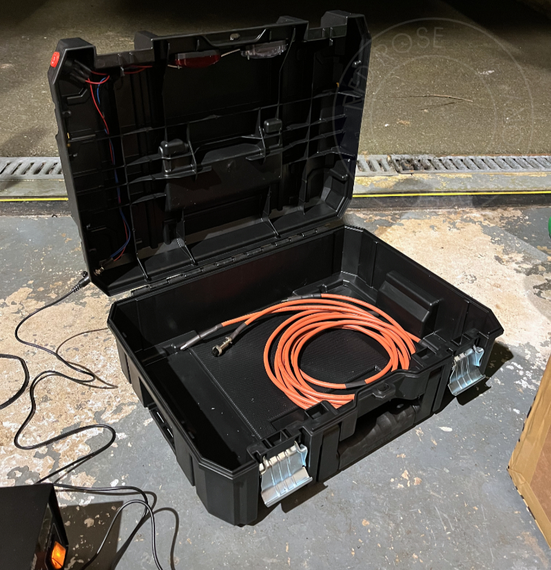 Everything wired in place.  A red and white light in the lid, two-way switch to the side and power connector at the back.  The orange leads are unrelated, but are some of the high durability power cables that I made for my mount and ASIAIR.
